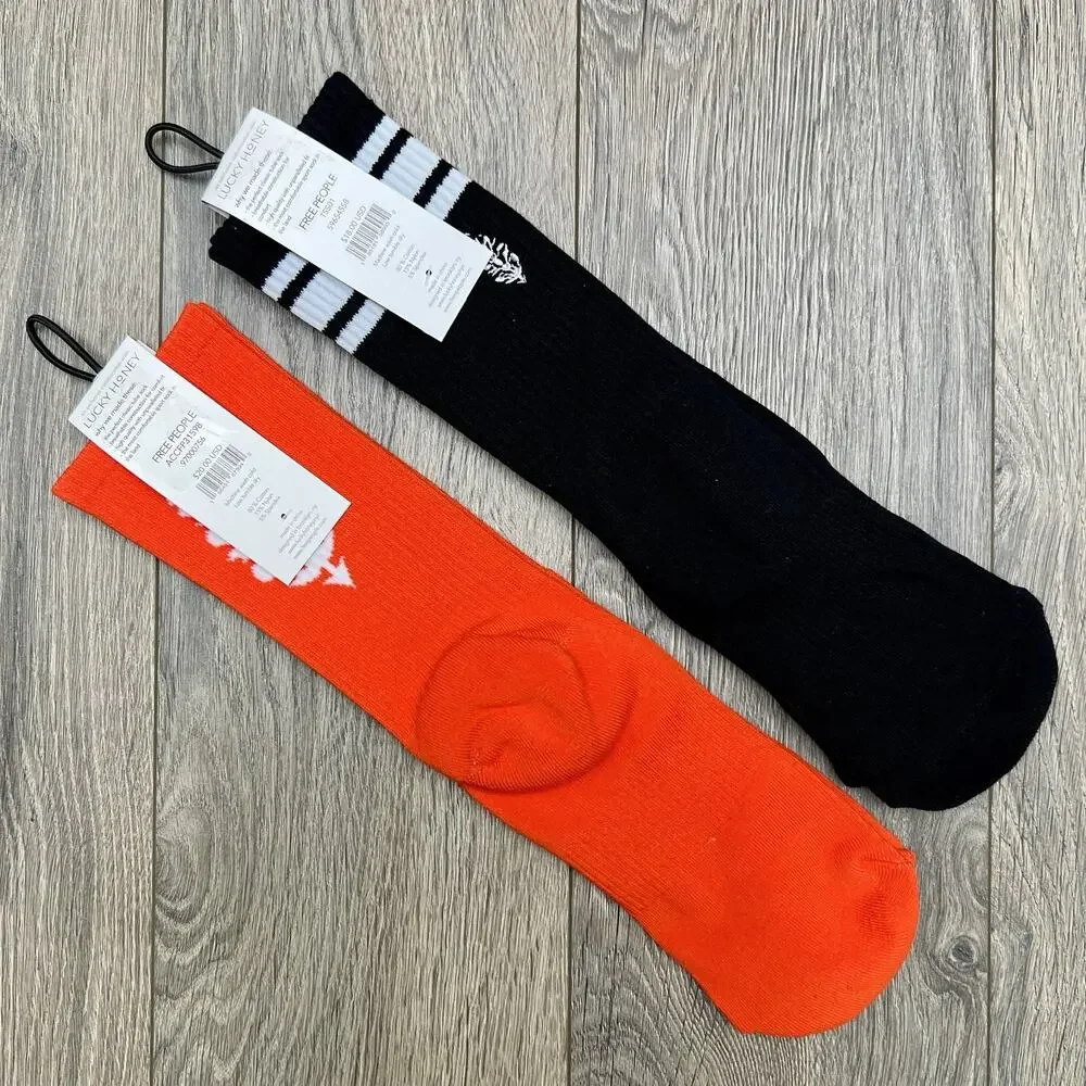2 Pack Free People Movement Logo Stripe Tube Last Lap Socks Lucky Honey